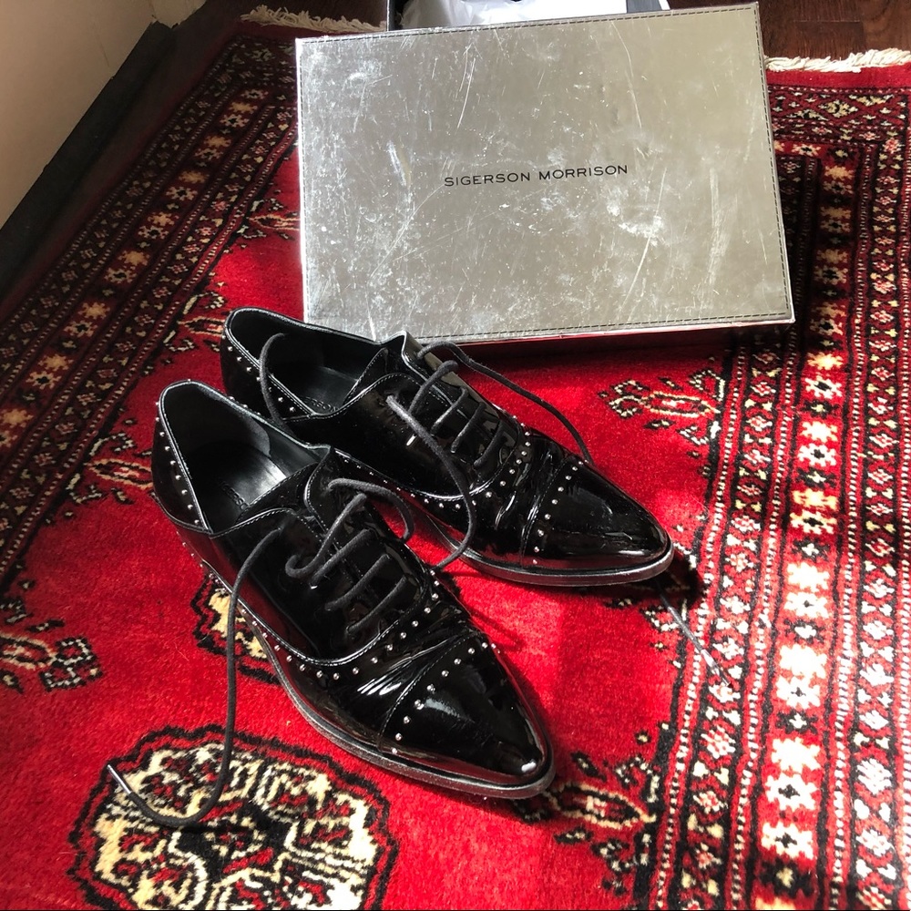 Siggerson & Morrison Patent Leather Oxfords with Metal Stud Decoration